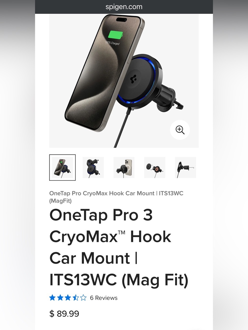 Spigen OneTap Pro 3 CryoMax Wireless Car Charger Hook - Black with Blue Accent